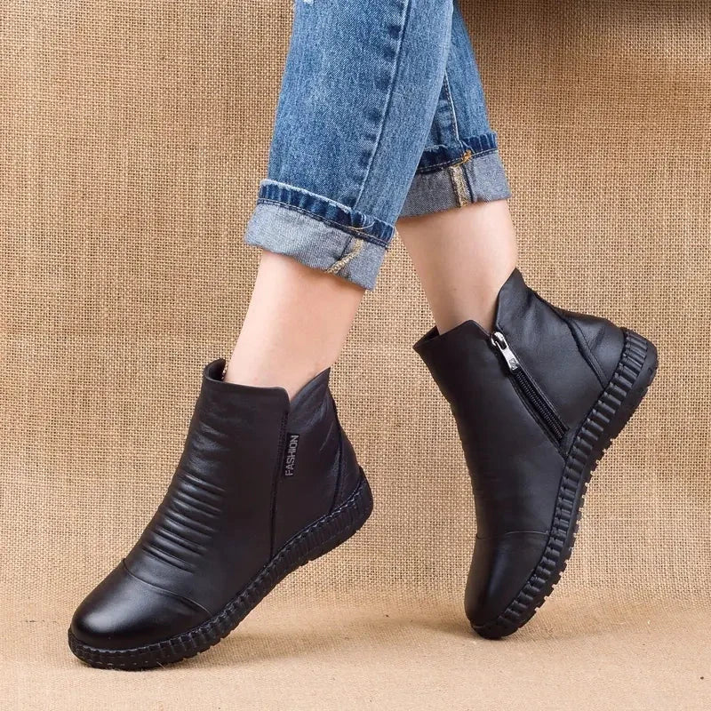 Winter Plush Leather Shoes for Older Women, Vintage Style Valberrys