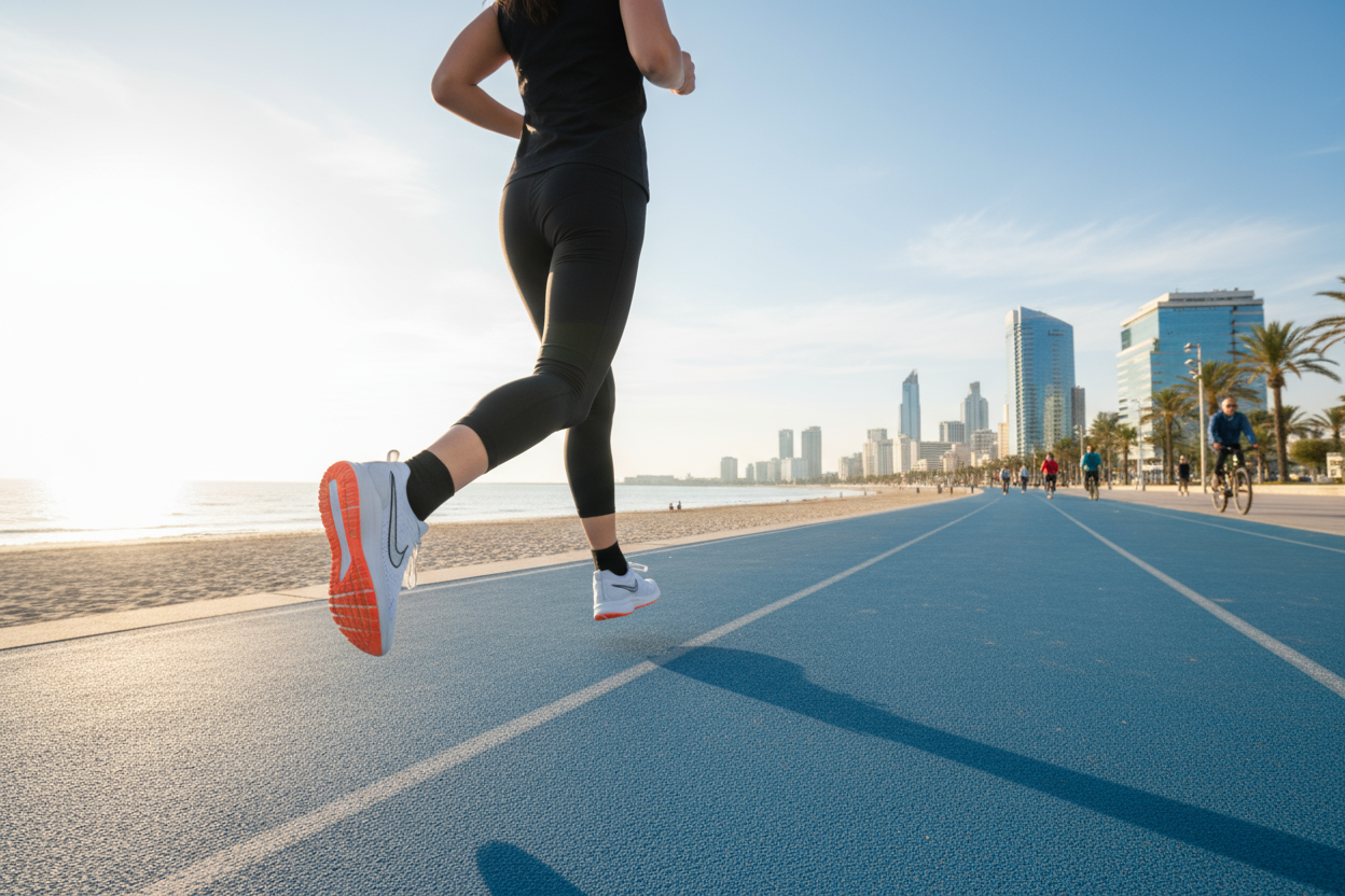 Une photo longueur 1200 par la hauteyr 400 px. Les pieds dans les chaussures de sport de femme est en train de s'éloigner en courant au milieu urbain sur la piste de running pas loin de la mer le matin. Beaucoup d'air, beau temps