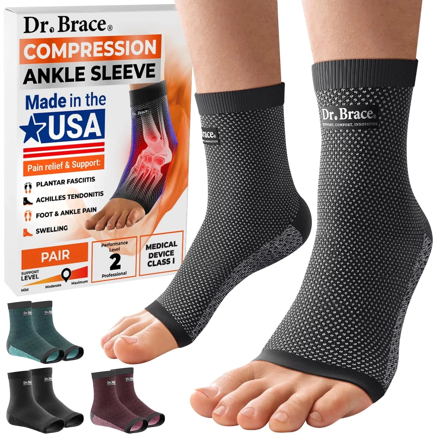 Made in USA Dr. Brace Elite Ankle Brace Compression Sleeve- 20-30 mmHg Plantar Fasciitis Socks and Achilles Tendonitis & Swelling Relief Foot Brace with Arch Support Ankle Support for Women & Men (Pair) (Medium Moon) Valberrys