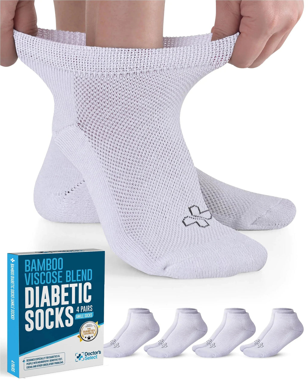 Doctors Select Ankle Bamboo Viscose Diabetic Socks for Women & Men - 4 Pairs | White Neuropathy Socks for Women | Socks Woman | Moisture Wicking Diabetic Socks Women 9-12 Valberrys